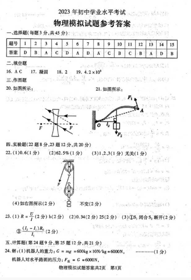 2023宜春中考物理模拟试题及答案
