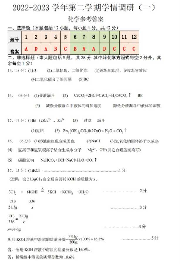 2023吉安中考化学模拟试题及答案