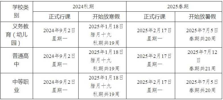 2024-2025学年宜宾中小学校历 寒暑假放假时间